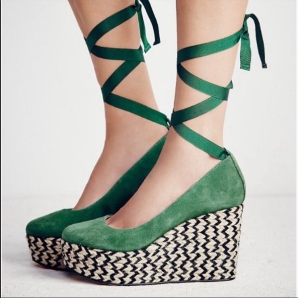 Free People Green Espadrille Wedges with Ankle Wrap